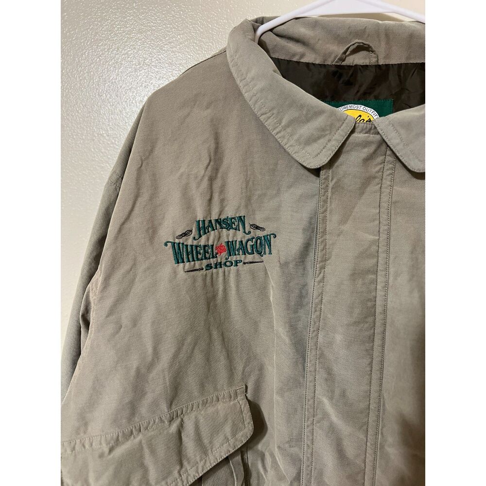 Vintage Cabelas Hansen Wheel Wagon Shop Embroidered Field Jacket Taupe L/XL